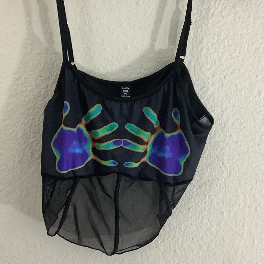 Shein Black Mesh Swim Top with Colorful Hand Print 4XL Plus size